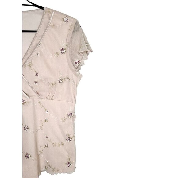 Vtg Baby Doll Top Women L Pale Fairy Y2K Top Lettuce Hem Cottagecore Mesh Floral - Picture 2 of 11
